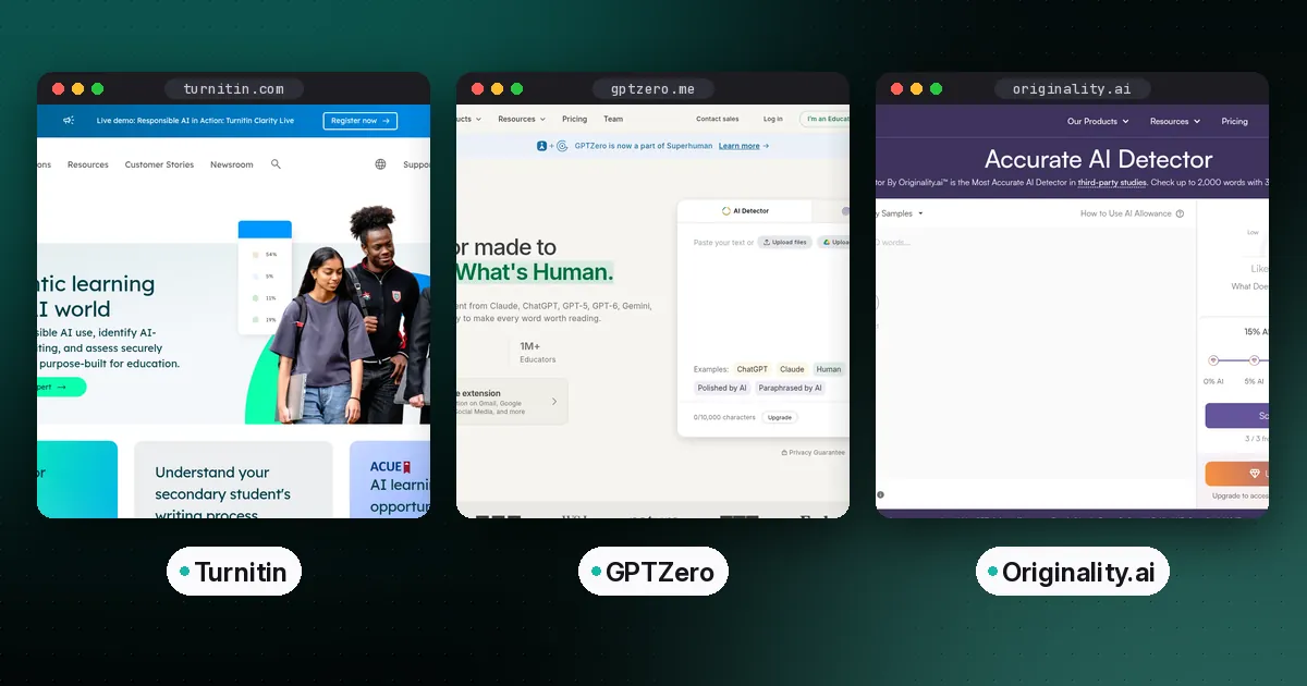 Side by side screenshots of the Turnitin, GPTZero and Originality.ai websites
