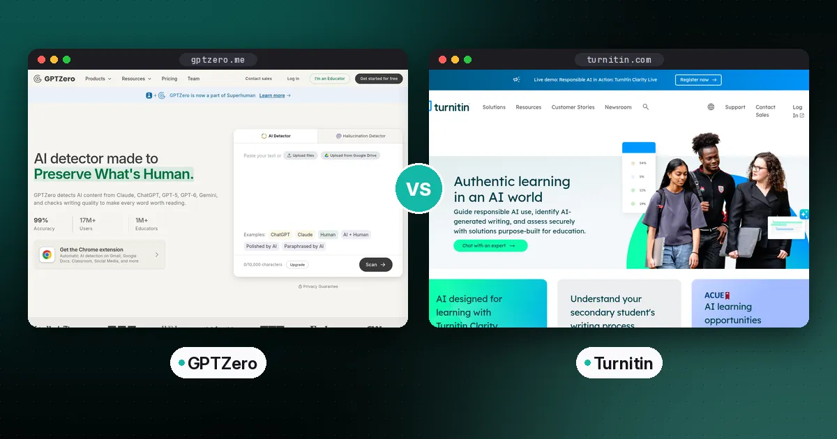 Side by side screenshots of the GPTZero and Turnitin websites