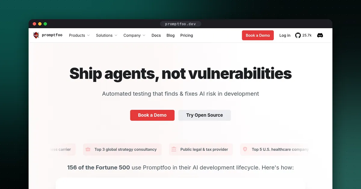 Screenshot of the Promptfoo website