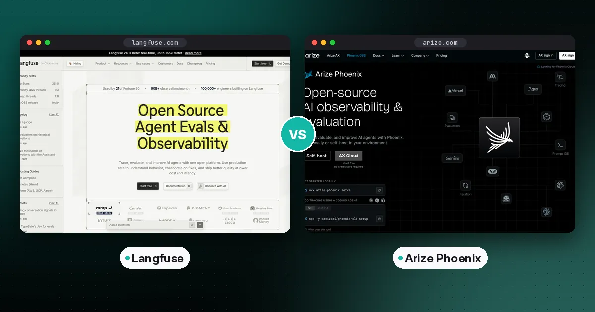 Side by side screenshots of the Langfuse and Arize Phoenix websites
