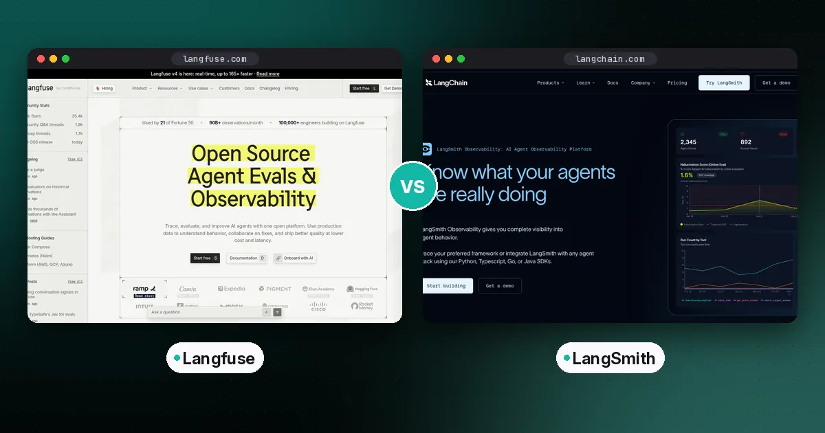 Side by side screenshots of the Langfuse and LangSmith websites