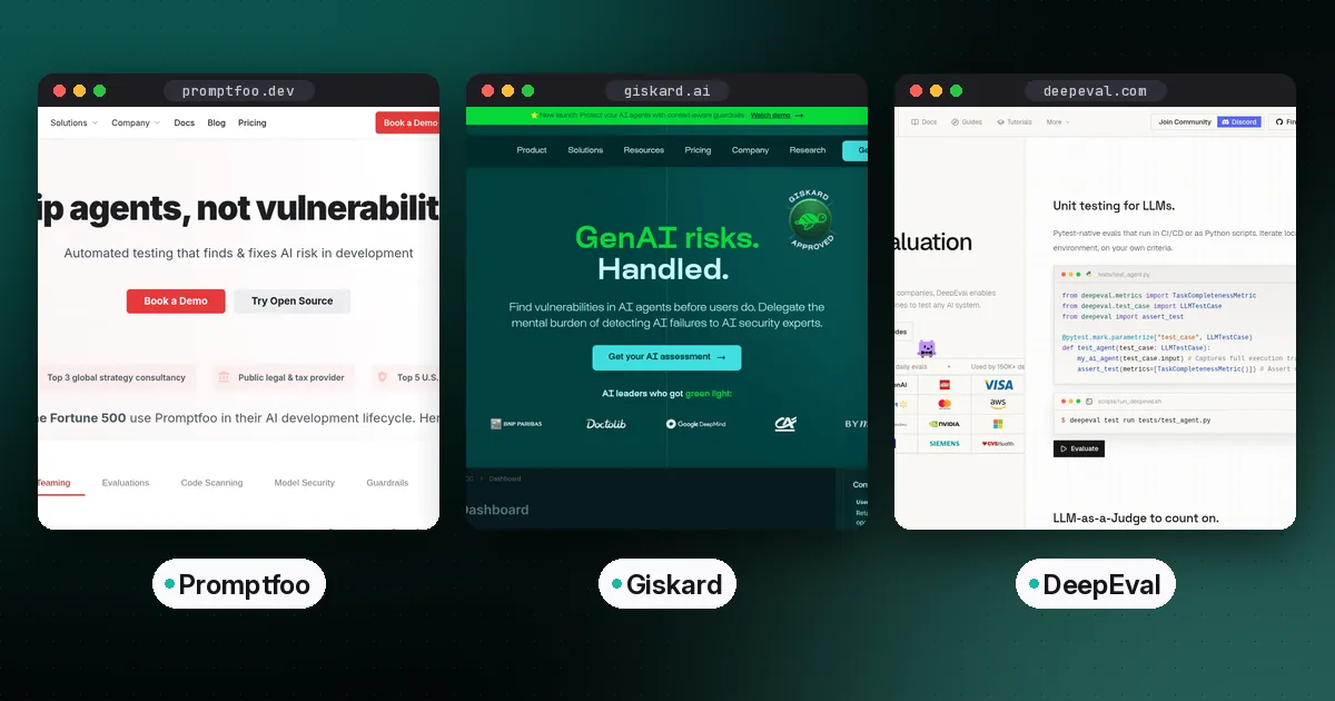 Side by side screenshots of the Promptfoo, Giskard and DeepEval websites
