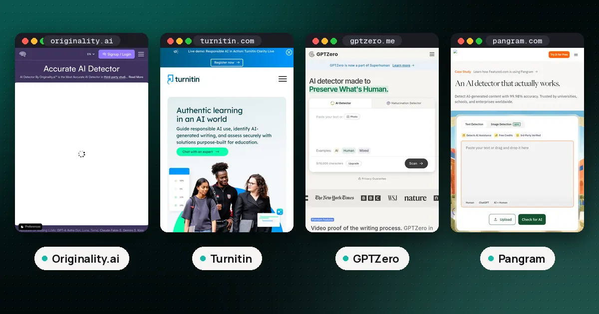 Screenshots of Originality.ai, Turnitin, GPTZero, Pangram
